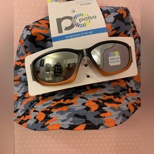 Boys bucket sun hat w sunglasses 100% UV SIZE 0-3 camo orange grey black